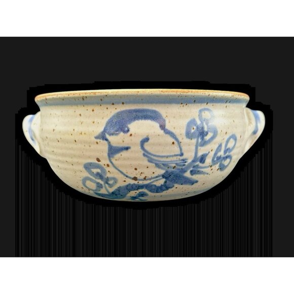 Salt Glaze Speckled Blue Bird Pottery Bowl Handled 6" Signed Handmade Turned - Picture 2 of 9